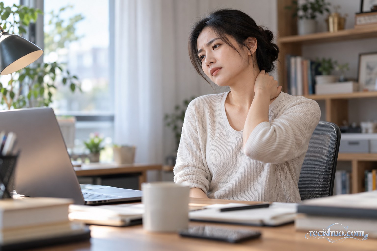 长期伏案工作的女子在居家书桌前轻扶后颈,神情略显不适