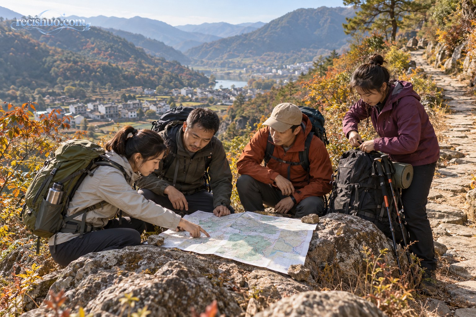 山地巡护小队在秋日步道旁查看路线图并整理装备