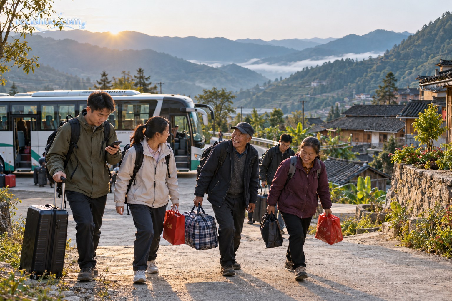 来自不同地方的宾客携带行李走向山区村镇的赴约场景示意图