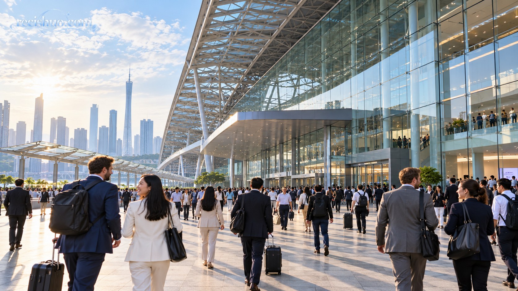 晨光下,来自不同地区的参会者走向现代化国际会展中心