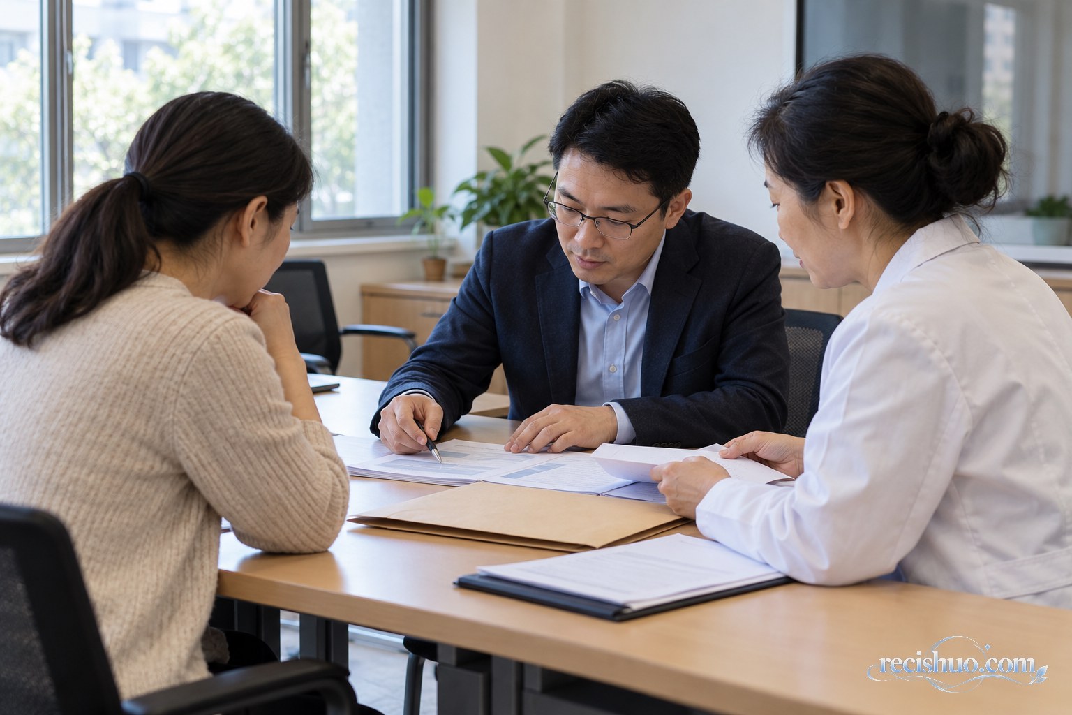 家长、校方工作人员与医务人员在会议室核对筛查记录