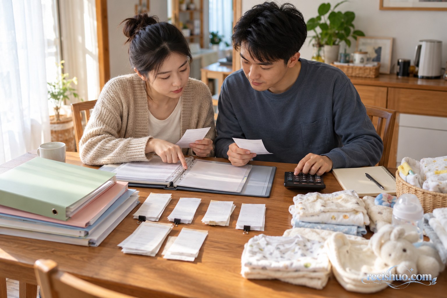 年轻夫妻在家整理待产票据并核对家庭预算
