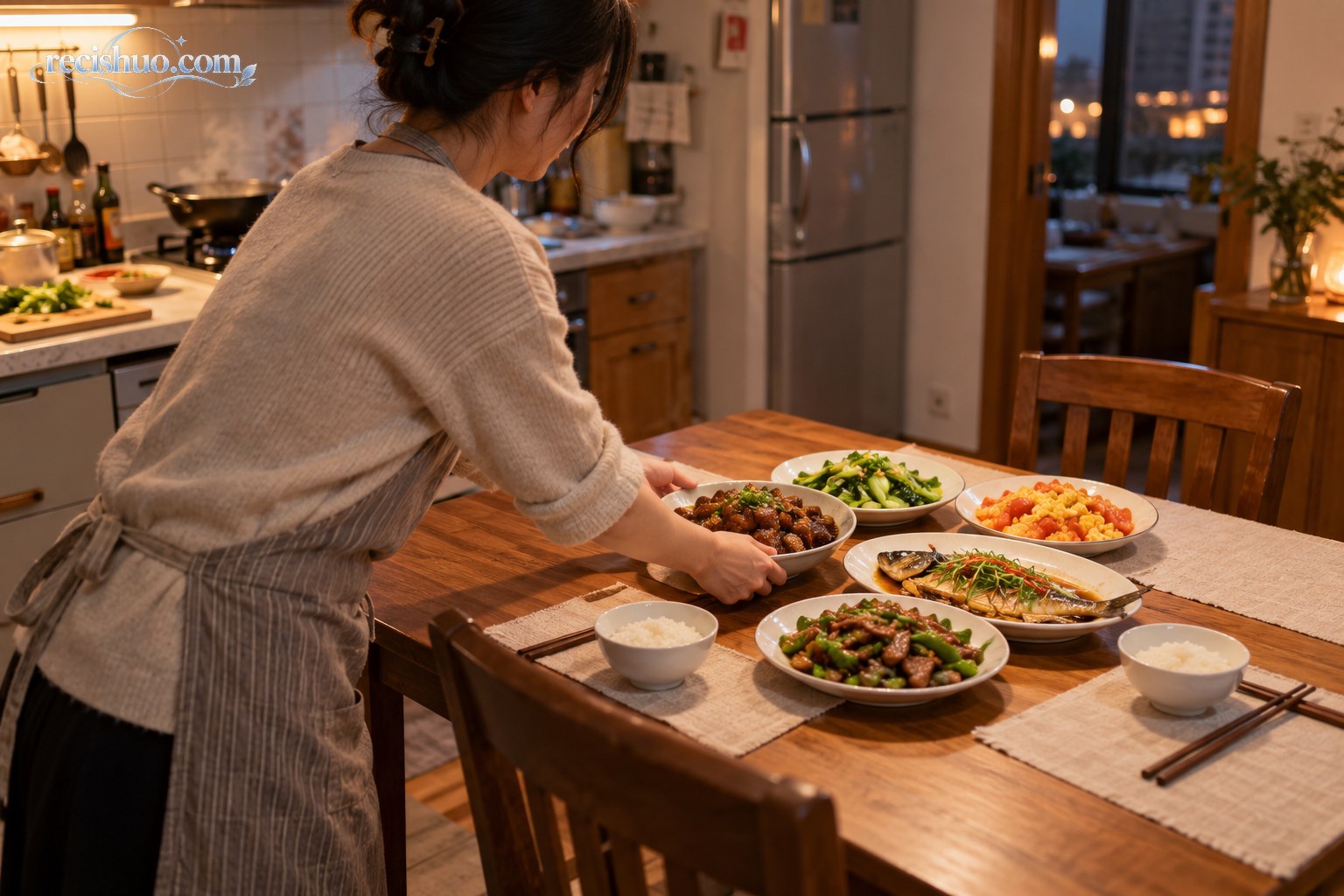 妻子在家中餐桌摆好五道菜和两副碗筷