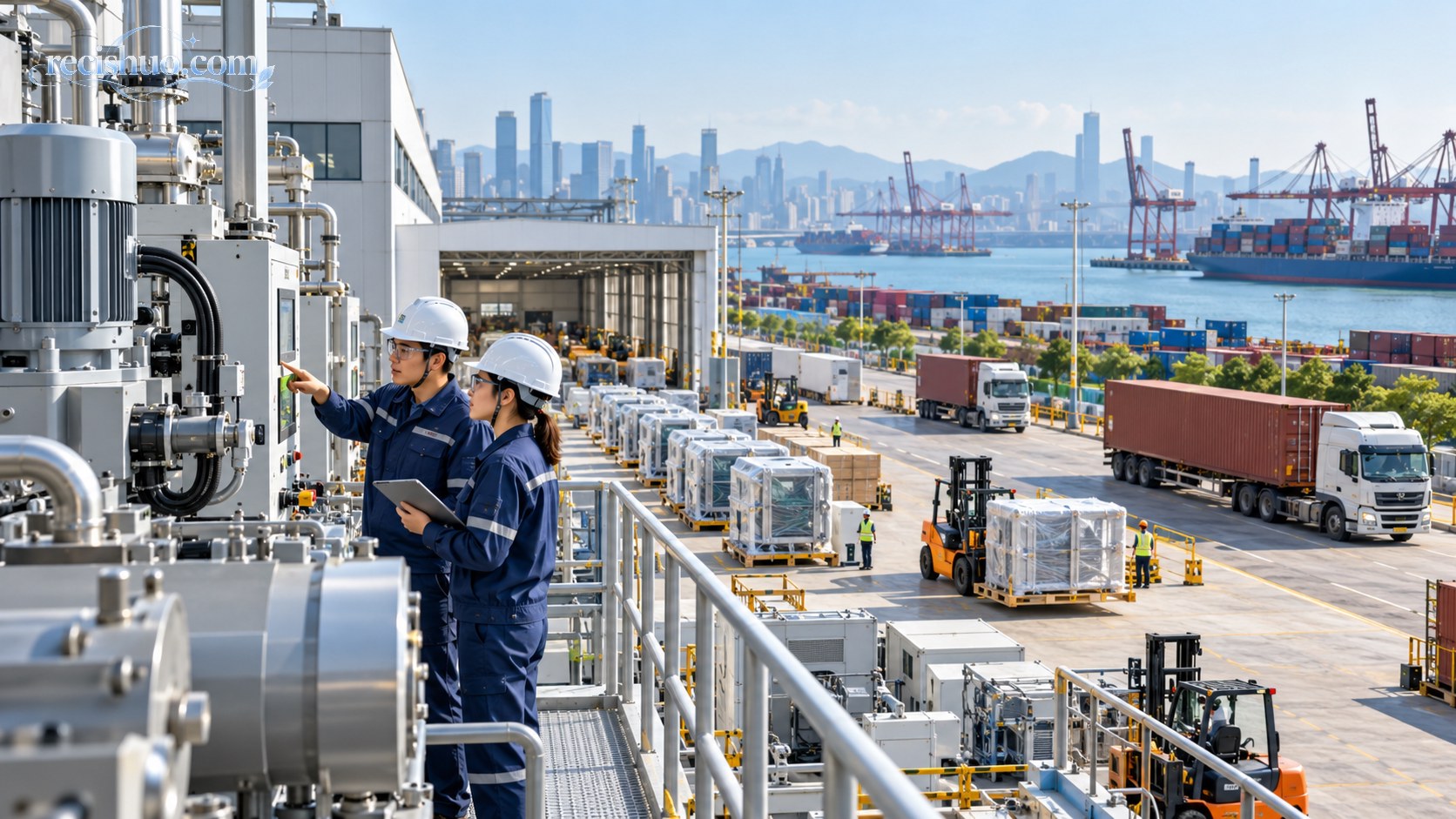 工程师在现代制造与港口物流衔接区域检查工业设备