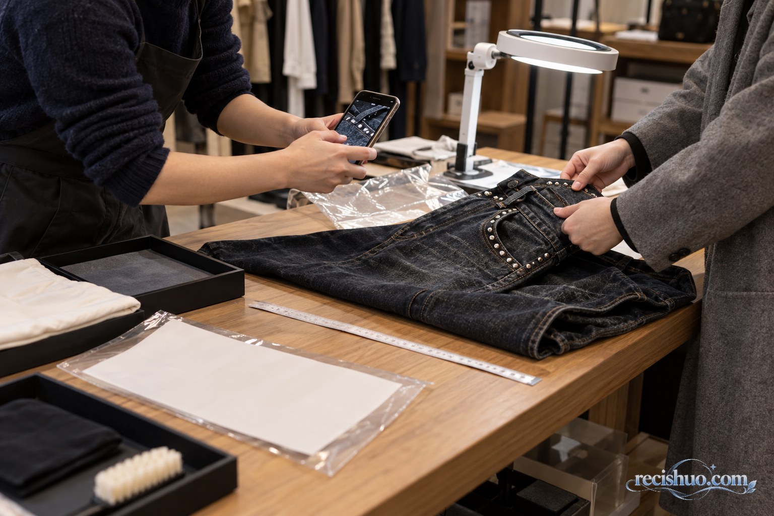 二手服饰寄售店内买卖双方核对牛仔裤和交易凭证