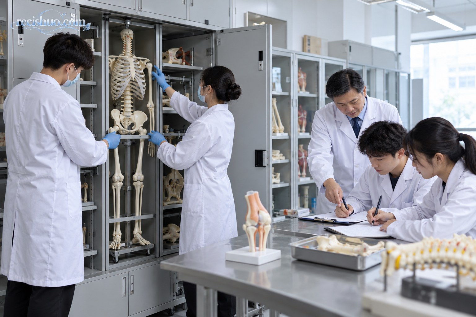 实验室工作人员清点骨骼教学模型,教师指导学生完成管理记录