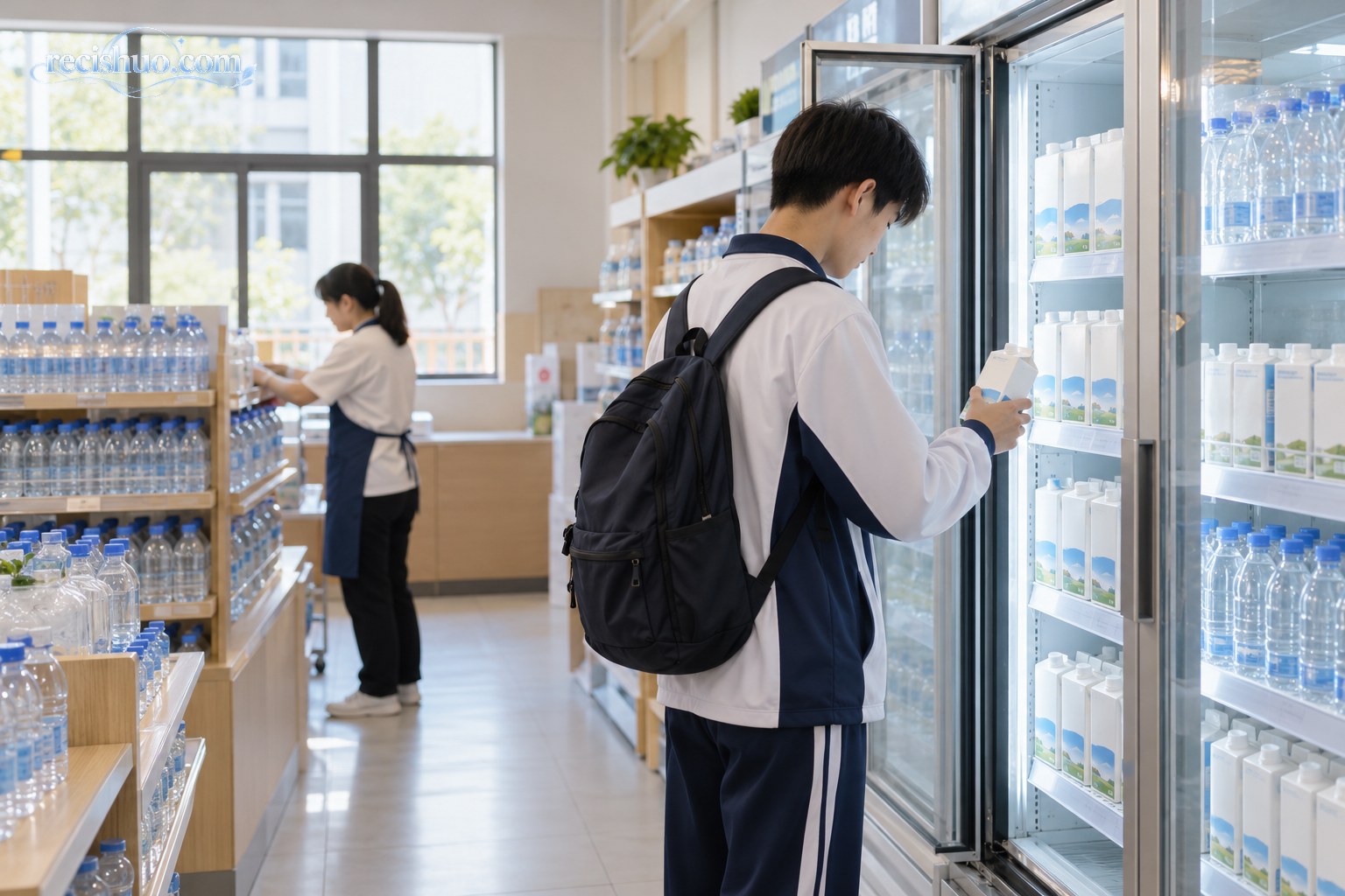明亮整洁的中学校园小卖部内，学生在只陈列饮用水和盒装牛奶的冷藏柜前选购饮品