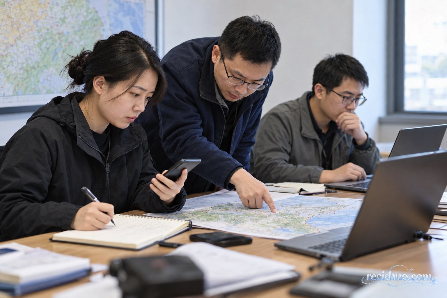 工作人员对照地图、手机和电脑交叉核验突发事件信息