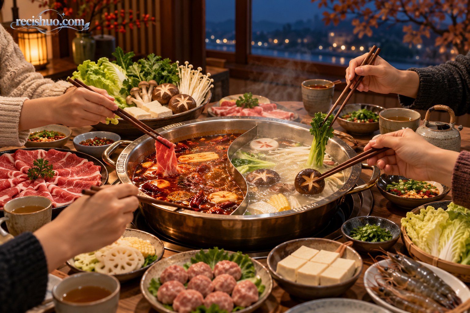 深秋傍晚朋友围坐在鸳鸯火锅旁夹取肉片和蔬菜