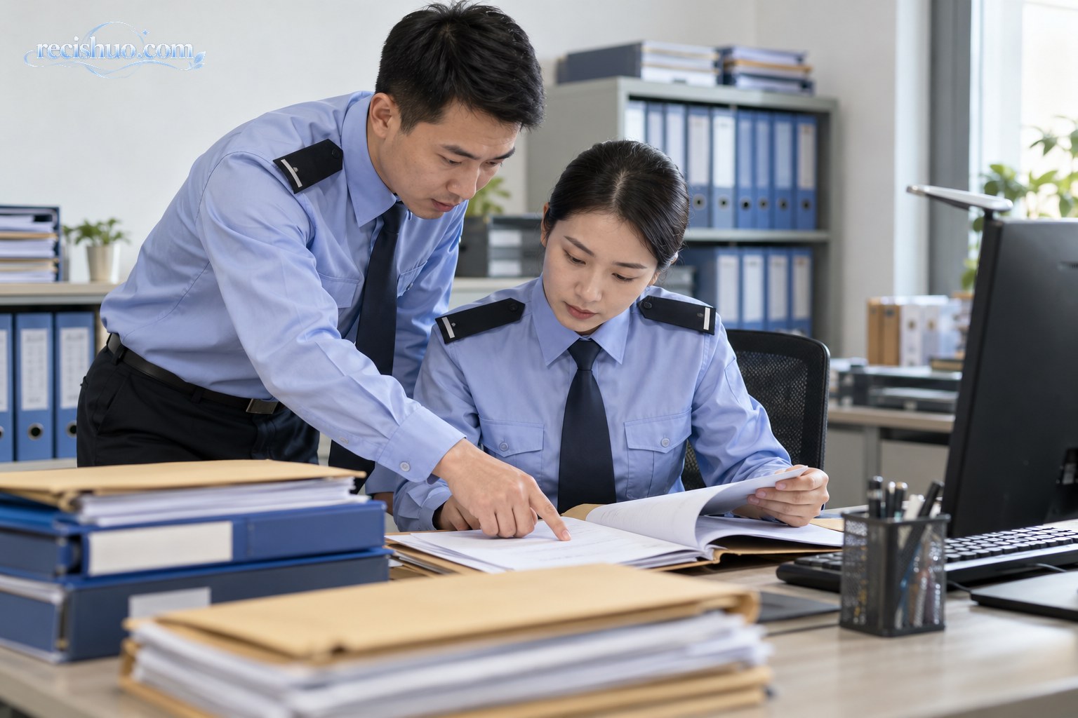 两名工作人员在办公室共同核对行政案件材料