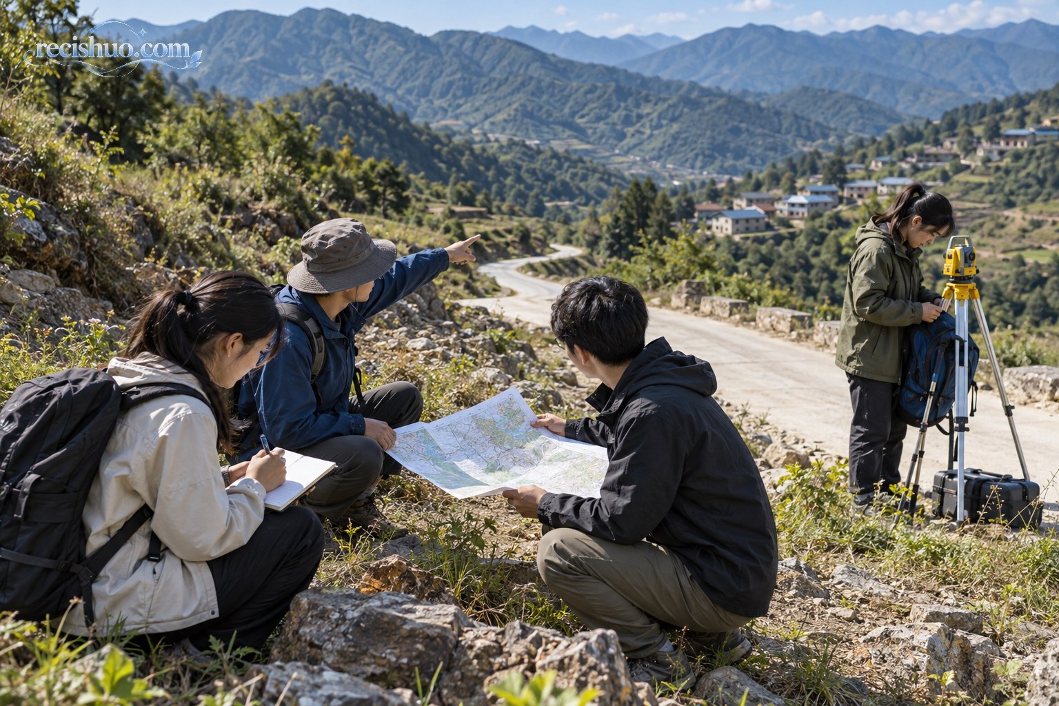 几名青年在山村道路旁查看地形图并协作开展测绘工作