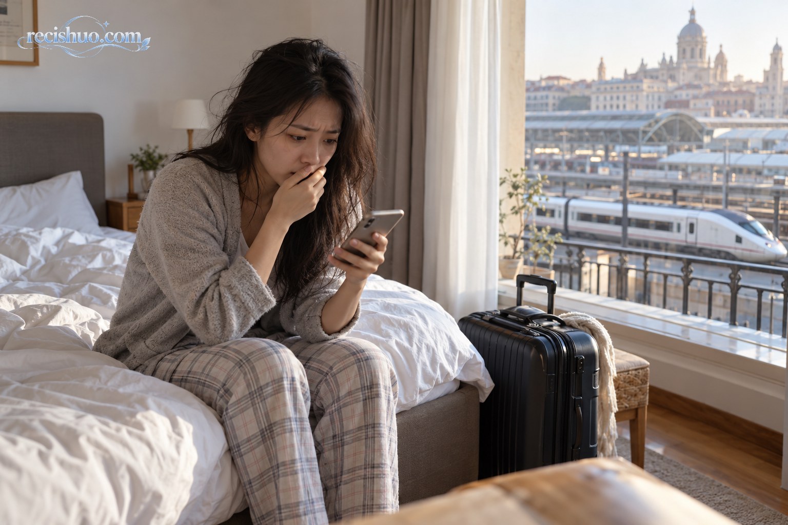 清晨，一名华人女子坐在床边查看手机，身旁放着旅行箱，窗外可见铁路车站和高速列车