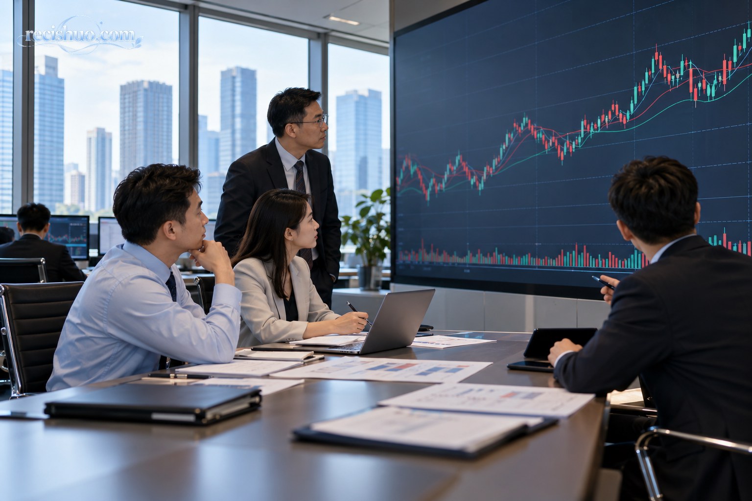 金融从业者在会议室研判资本市场走势与运行情况