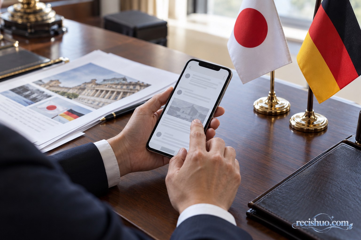 办公桌上的手机、外交简报以及日本和德国桌旗