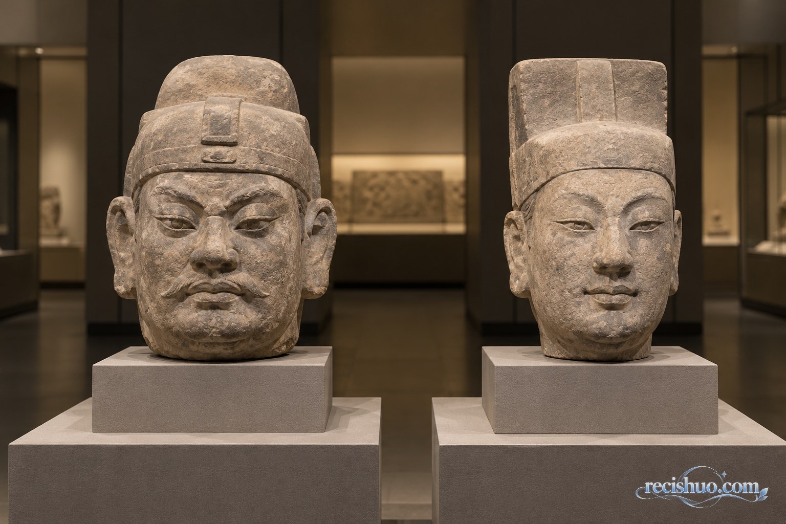 博物馆展厅中并列陈列的古代武官与文官石雕头像示意图