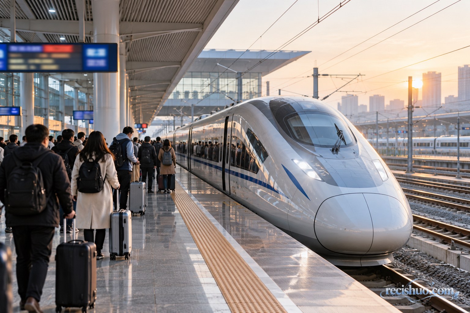 清晨高铁站内旅客携带行李有序候车,流线型高速列车停靠站台