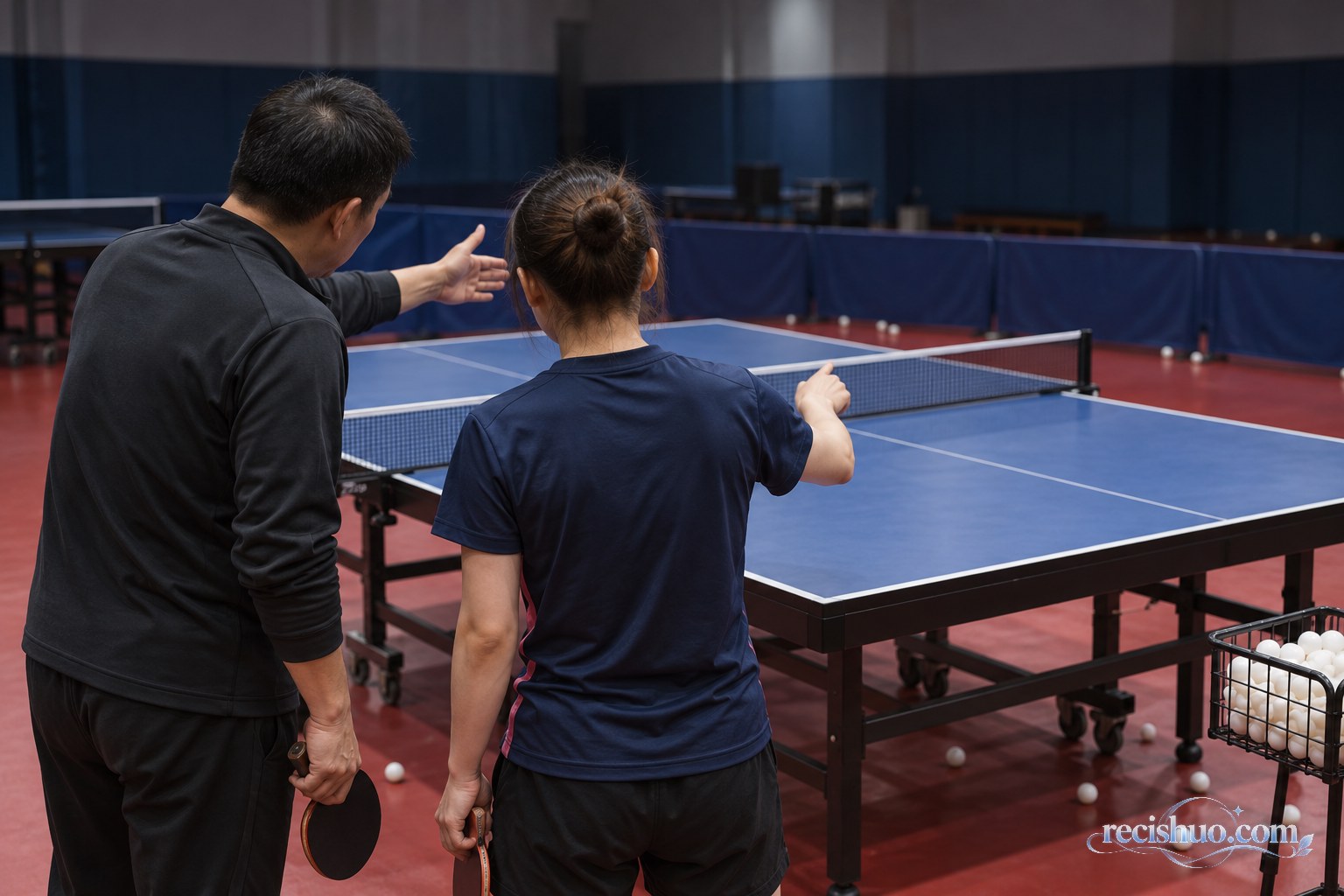 教练与运动员在训练馆内面对球台复盘击球线路
