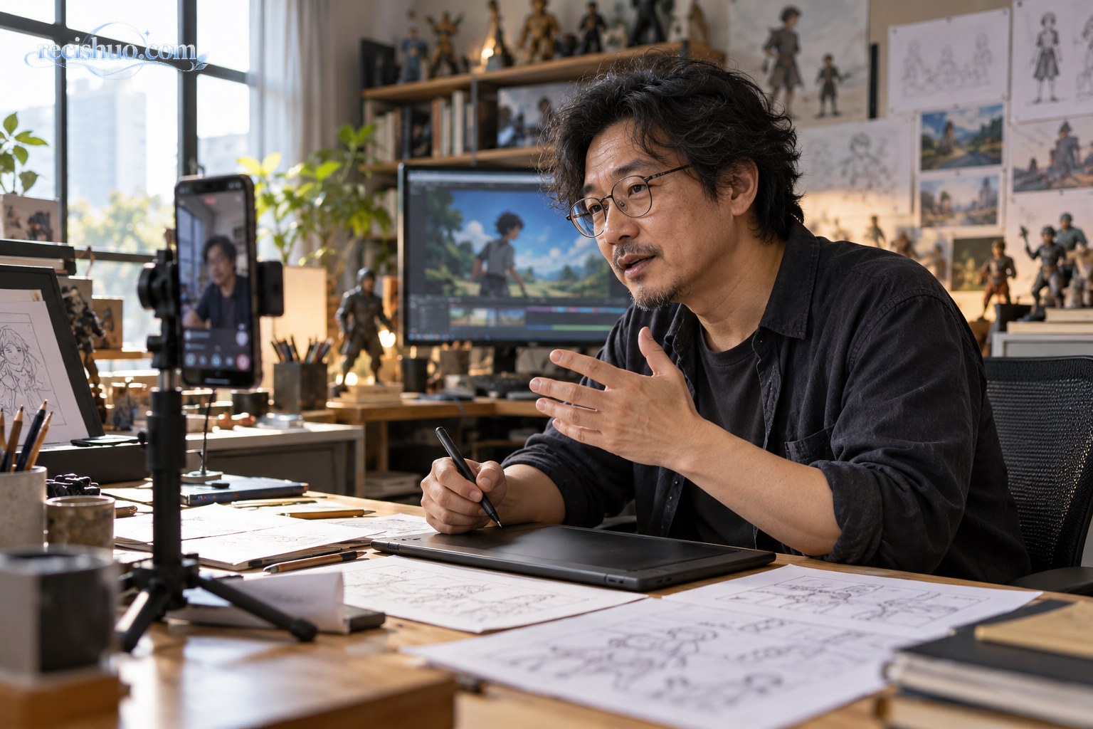 动画创作者在工作室面对手机镜头回答问题，桌上摆放分镜稿与数位板