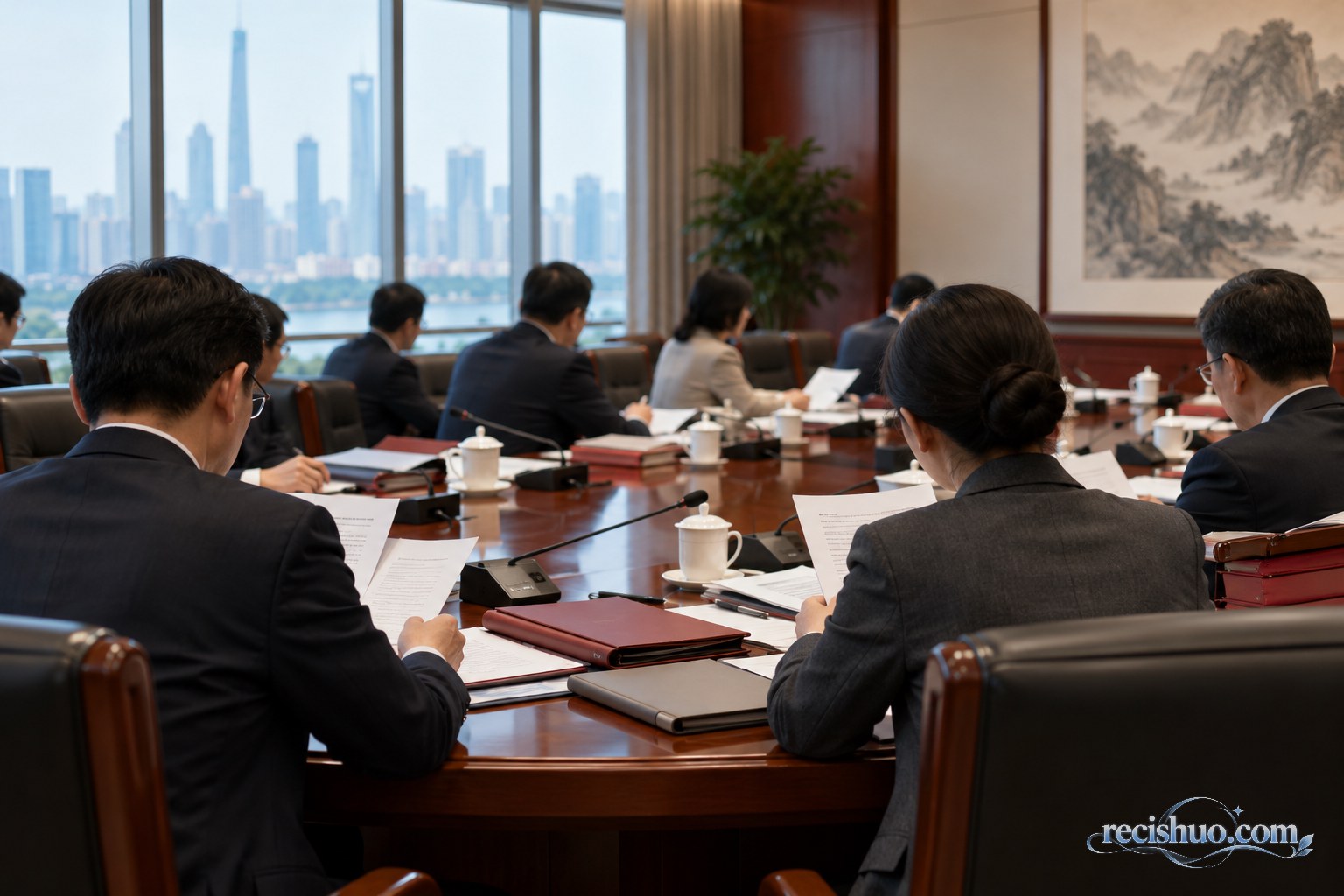 政策研究人员在现代会议室阅读文件并开展讨论的纪实场景