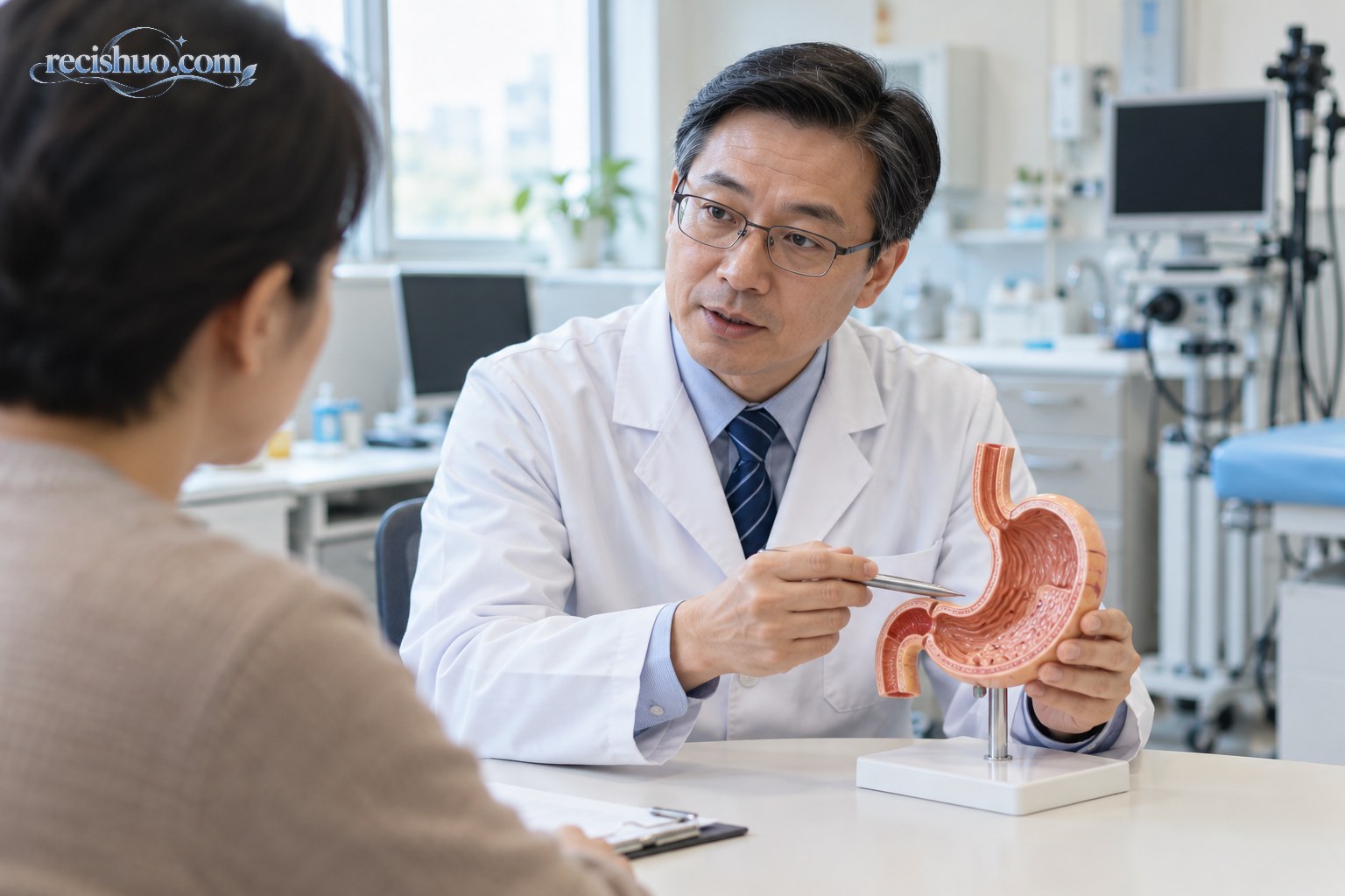 消化内科医生借助胃部模型向就诊者讲解胃部健康问题