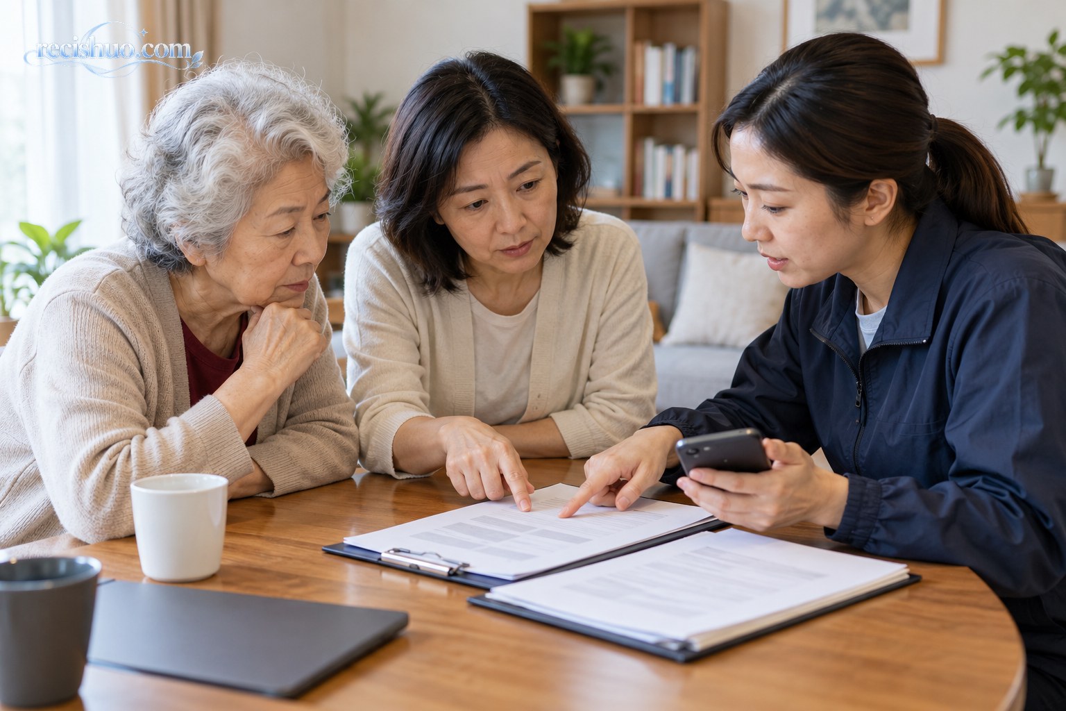 老人和家属与服务人员共同核对合同及手机信息