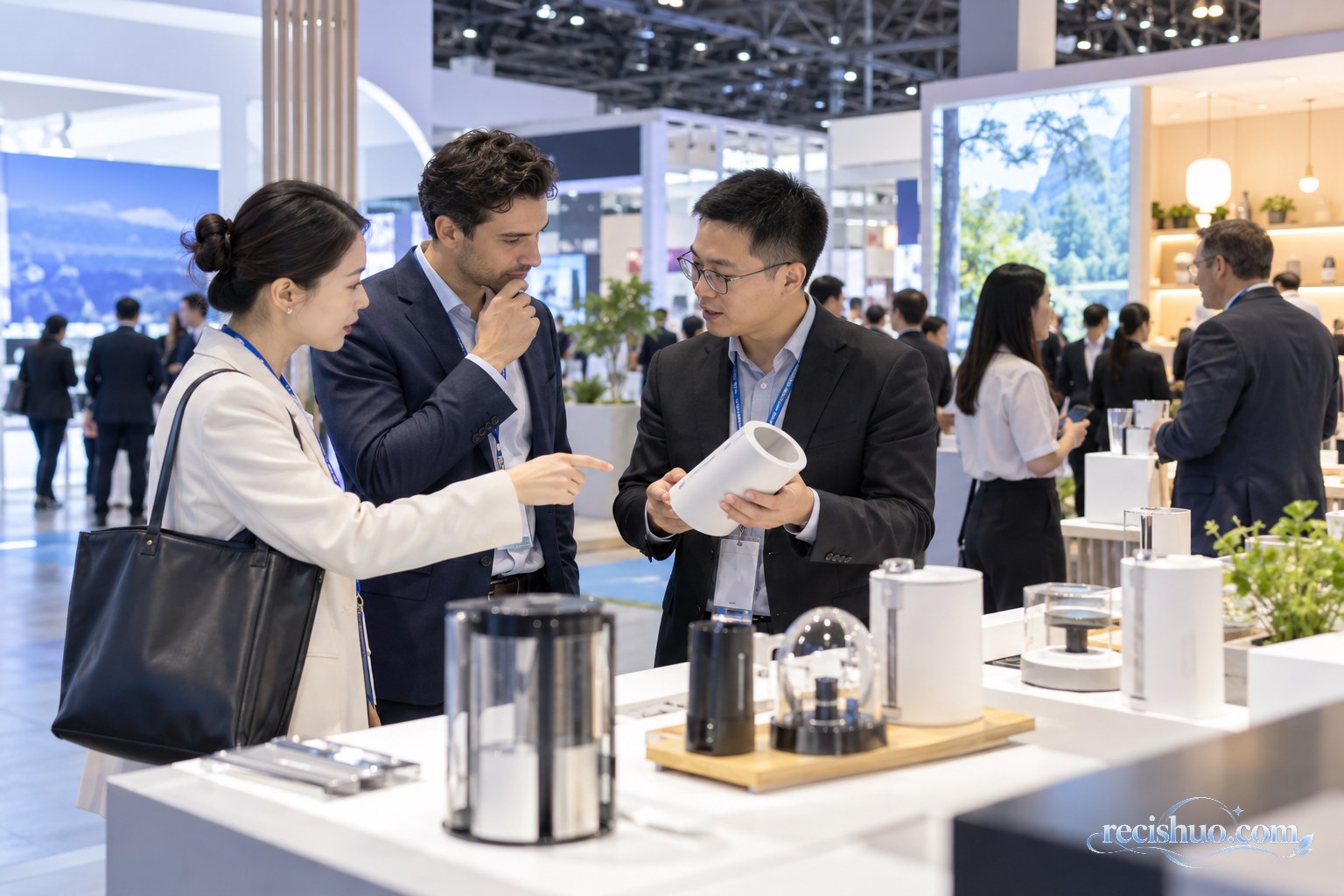 专业观众在开放展台前查看样品并进行商务交流