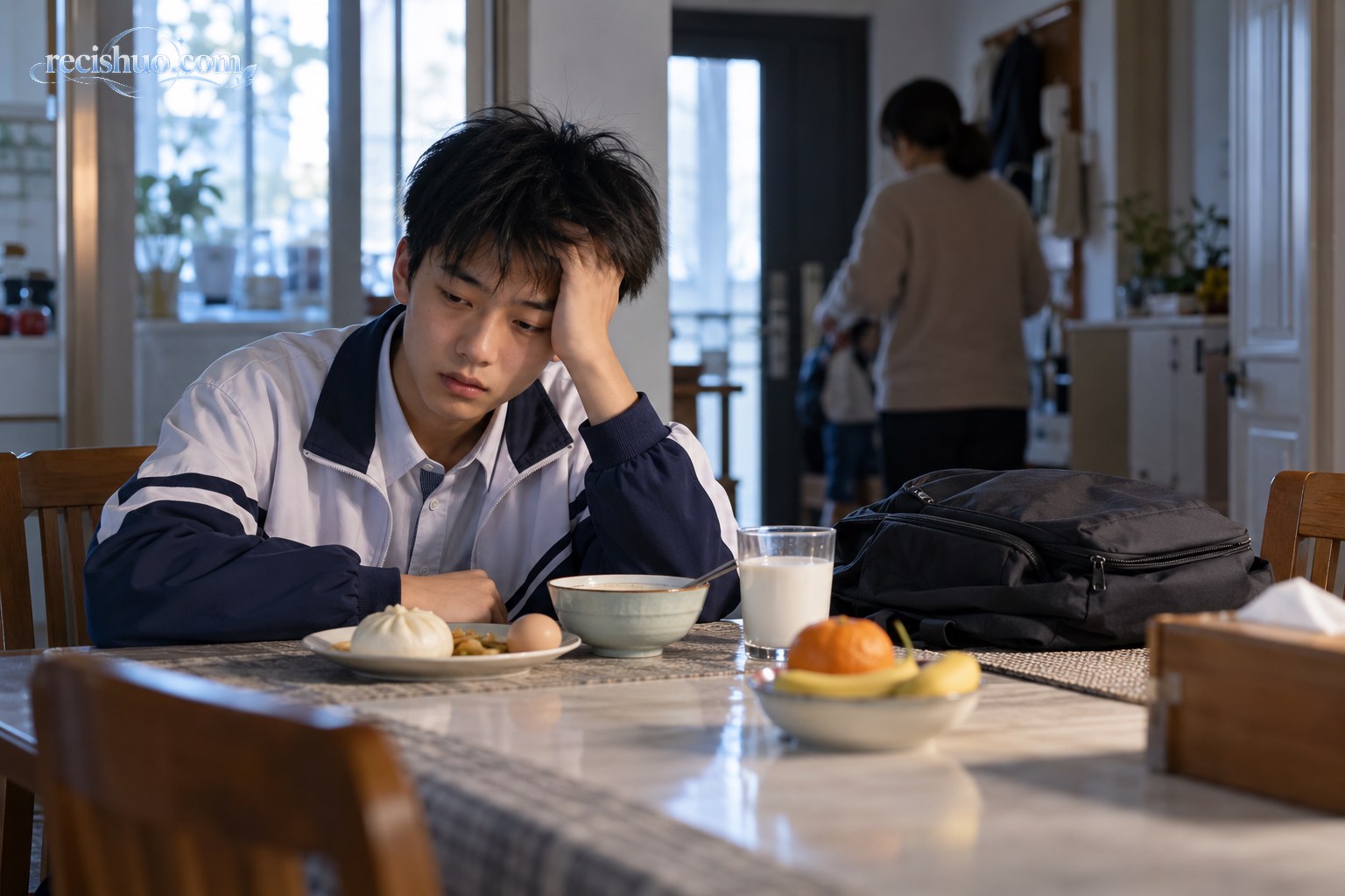 清晨餐桌旁,一名背着上学压力的中学生困倦地面对早餐