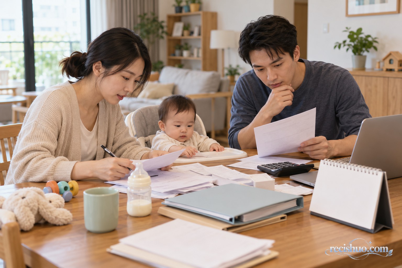 年轻夫妻在家中照看婴儿并整理养育支出材料