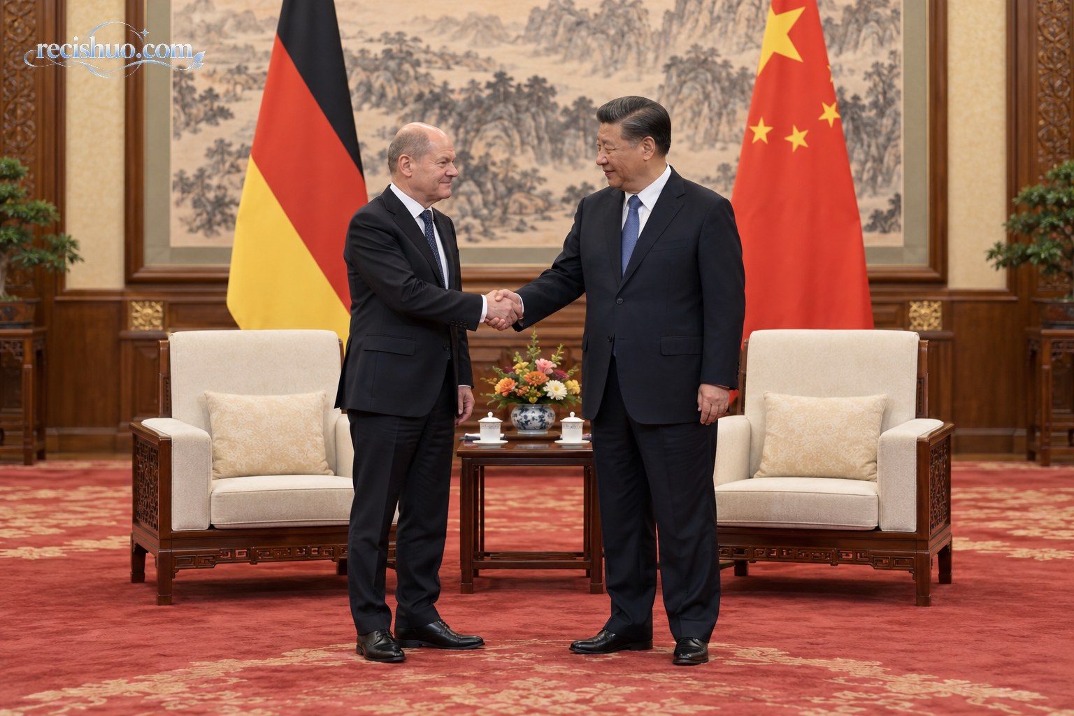 中德外交会谈主题场景中，两国代表在国旗前握手交流