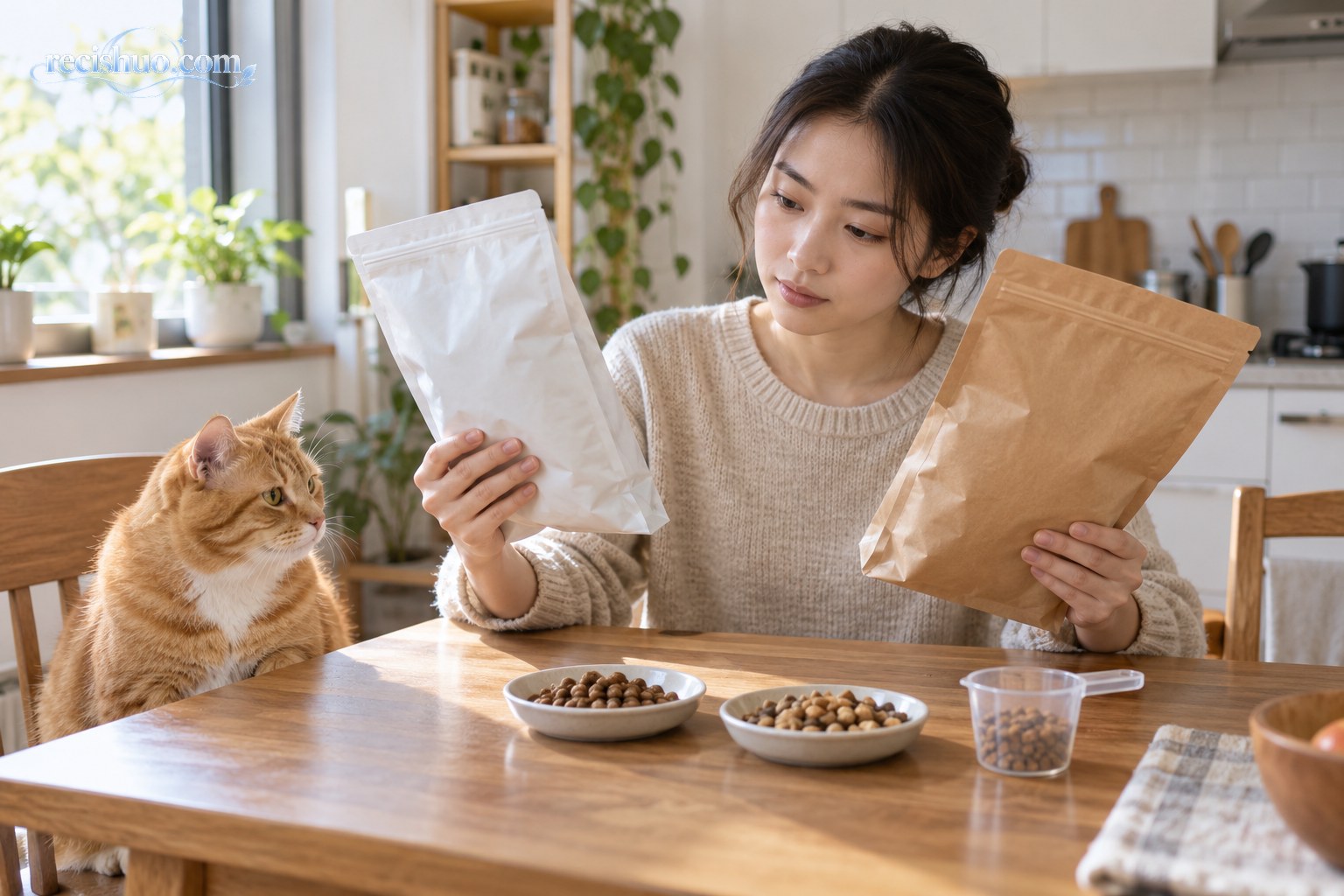 消费者在家中对比两袋宠物主粮，橘猫在一旁观察