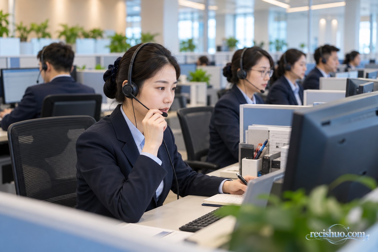 现代政务热线服务中心内工作人员佩戴耳麦接听市民来电