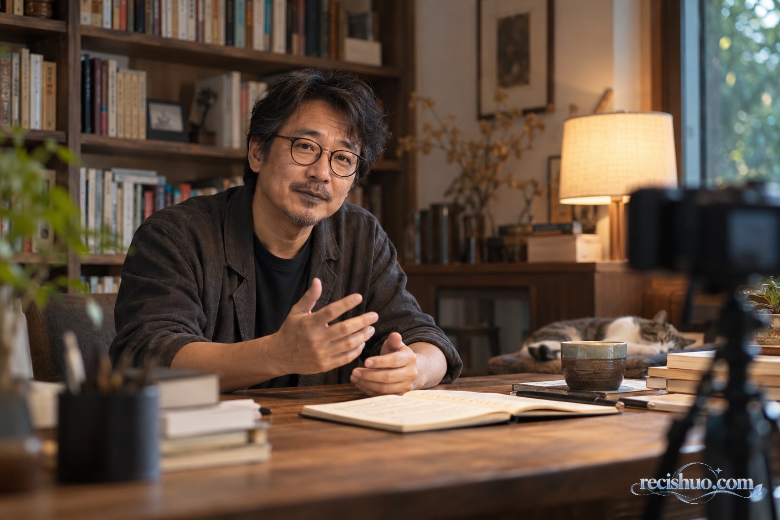 中年作家在温暖书房中面对镜头平静交流