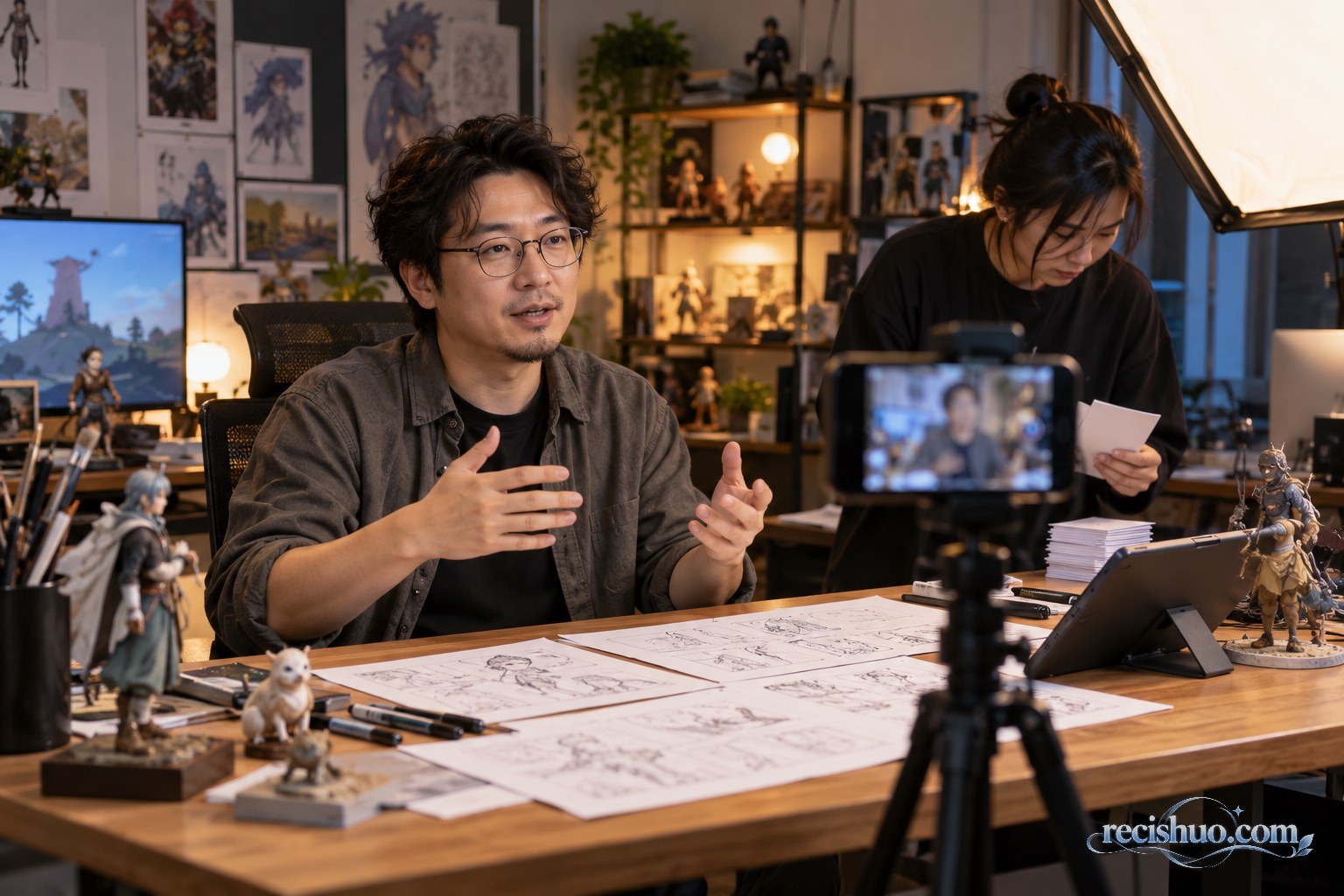动画创作者在小型直播间接受公开提问，工作人员在旁整理问题卡片