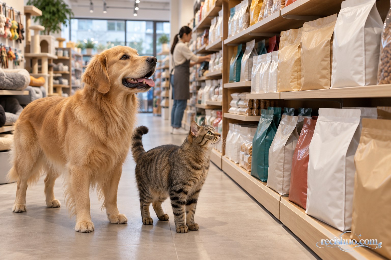 金毛犬和狸花猫站在摆满无品牌宠物粮的用品店货架前