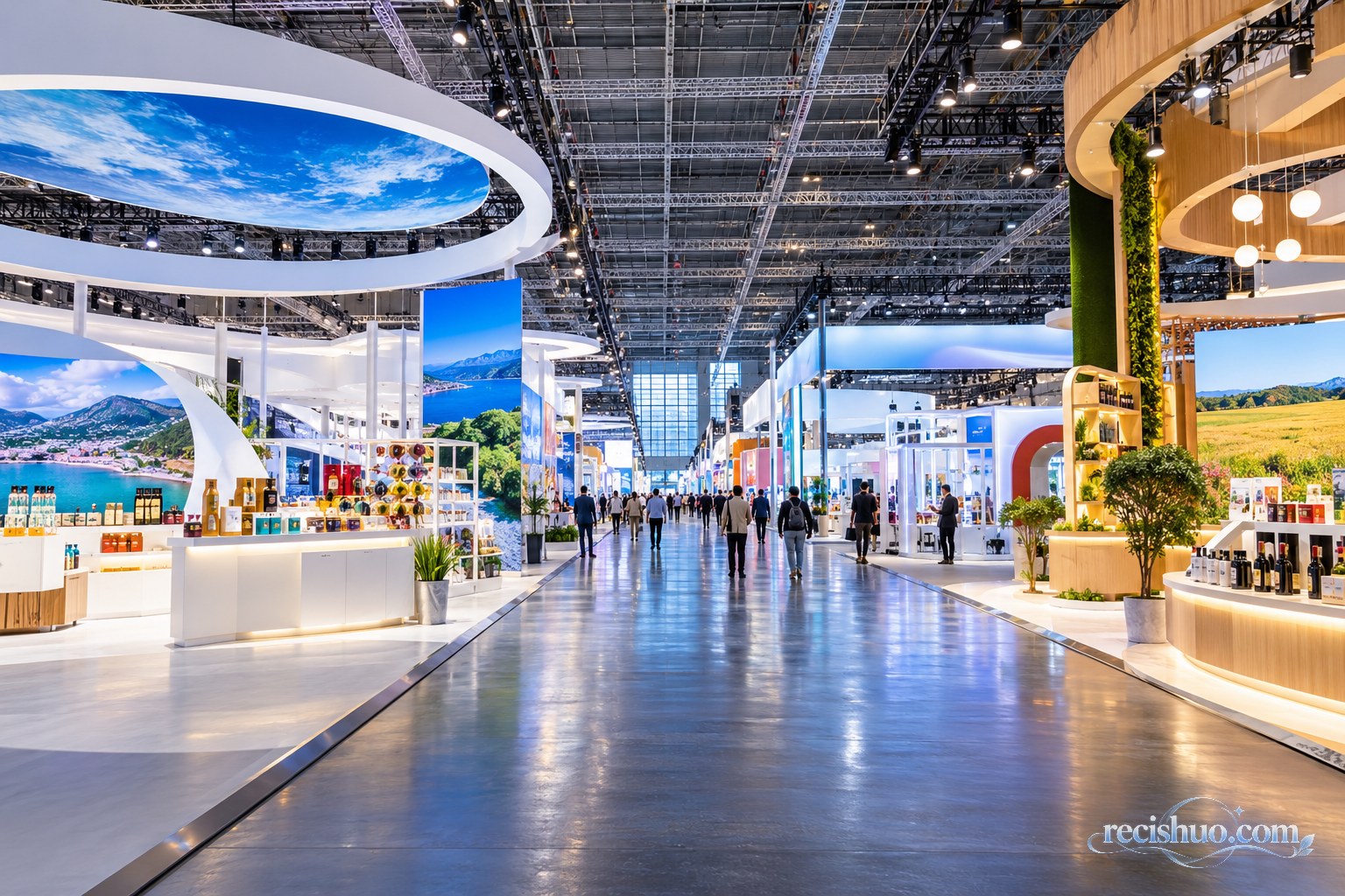 大型国际进口主题博览会展馆内宽阔通道与多层次展区全景