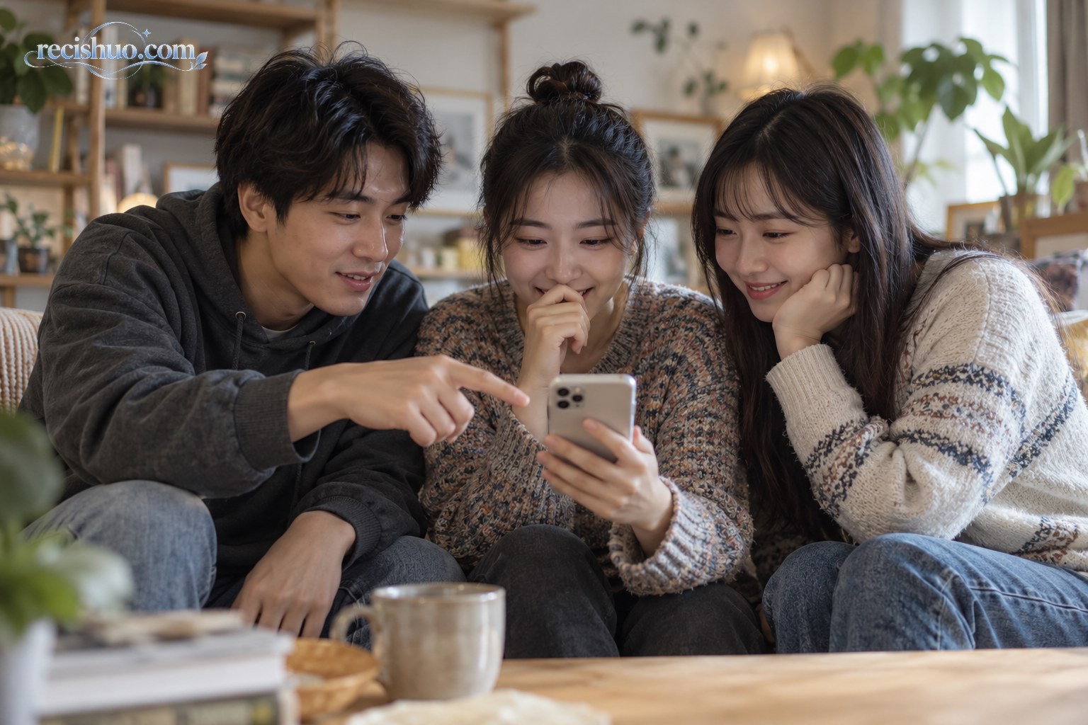 三名年轻人围坐在客厅里用手机重温旧表情图片