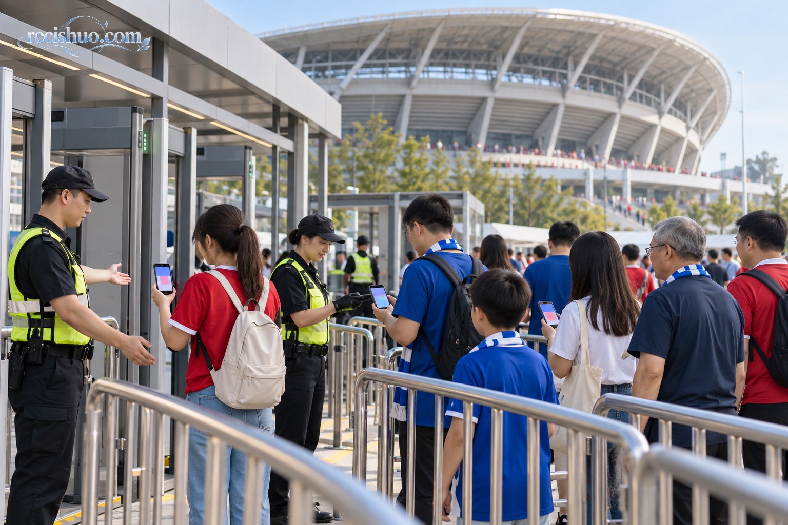 观众在足球场外排队接受安检并核验电子凭证