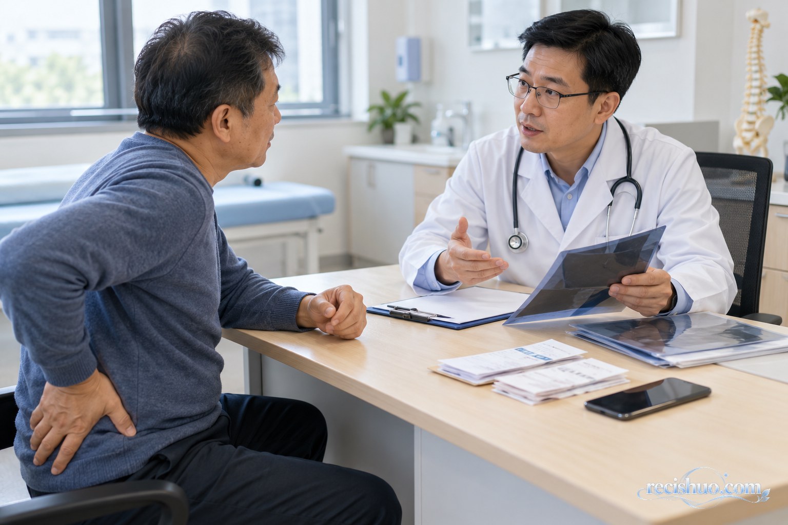 腰腿疼痛患者携带资料在正规门诊向医生咨询
