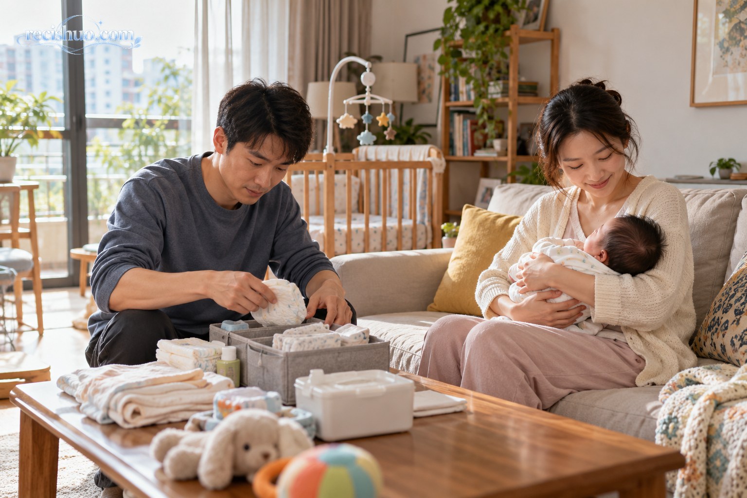 年轻父母在温暖的家中共同照顾新生儿并整理婴儿用品