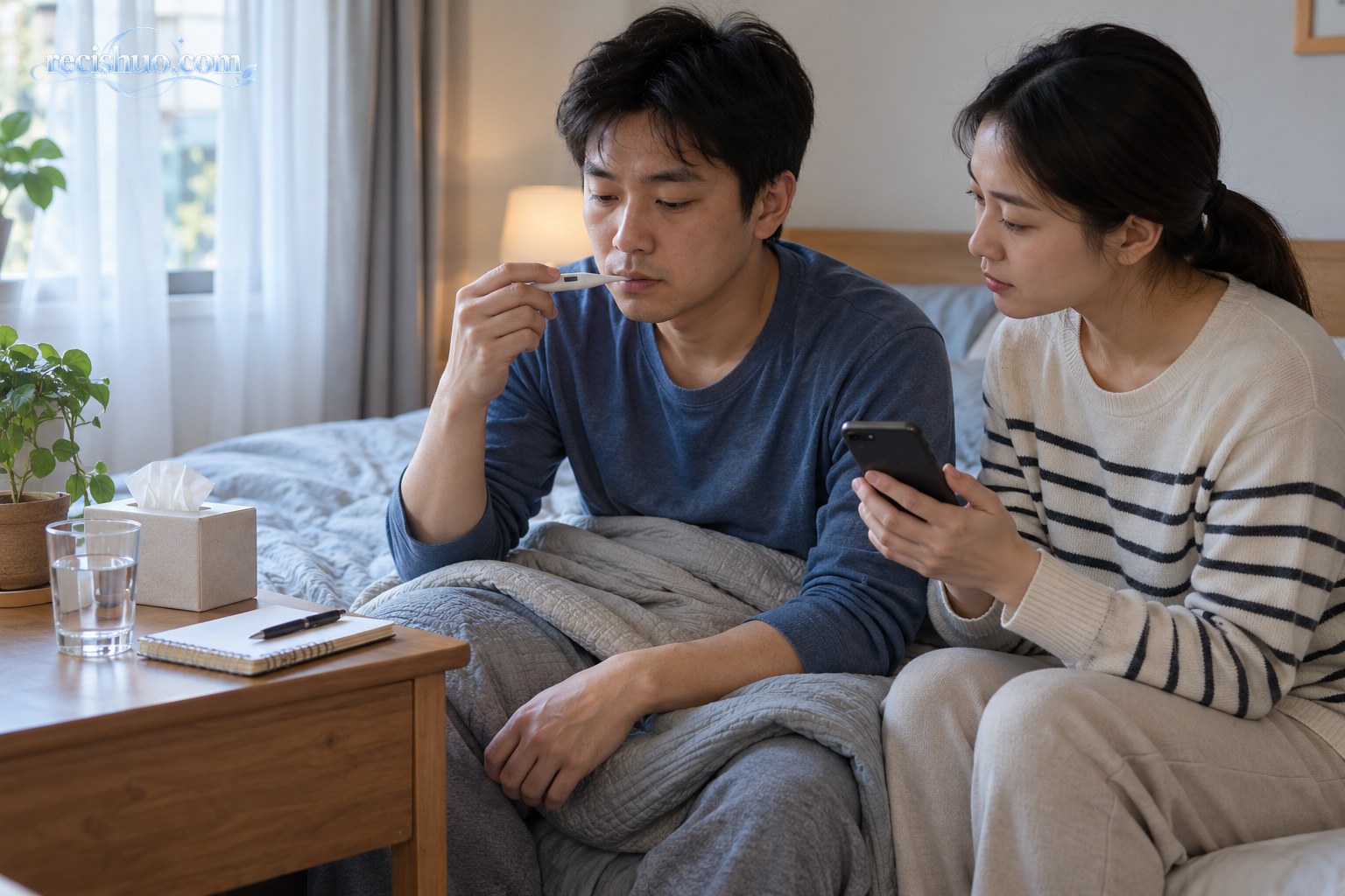 家人在通风卧室内测量体温并记录观察发热者状态