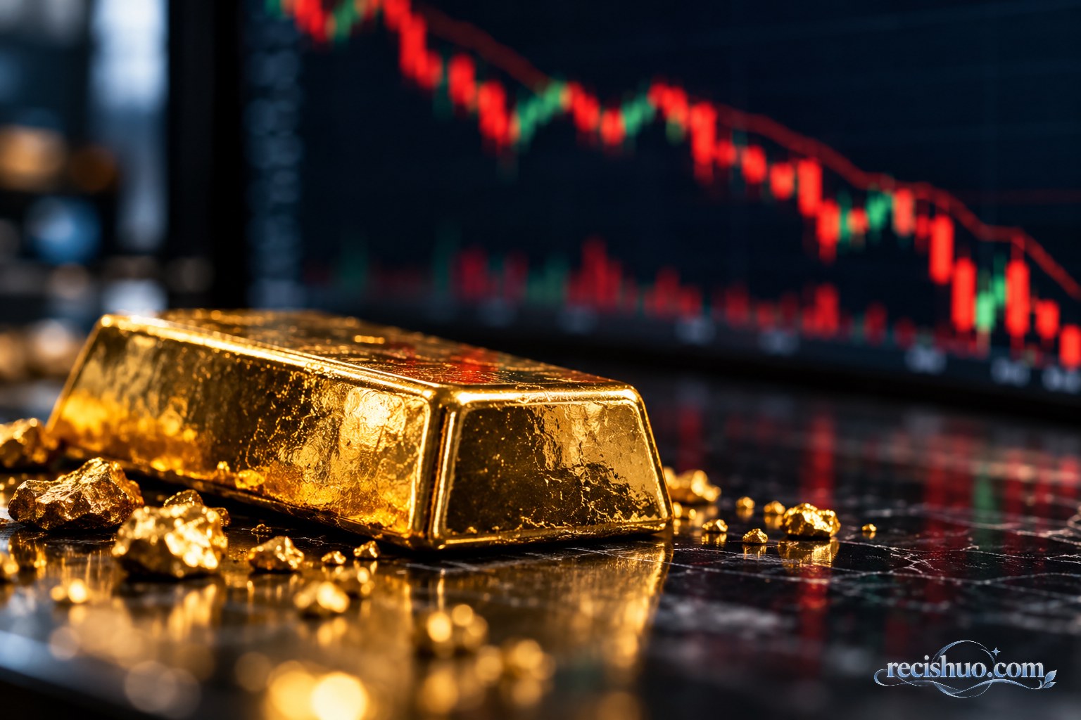 金条置于抽象下行行情曲线前，表现国际金价快速回落