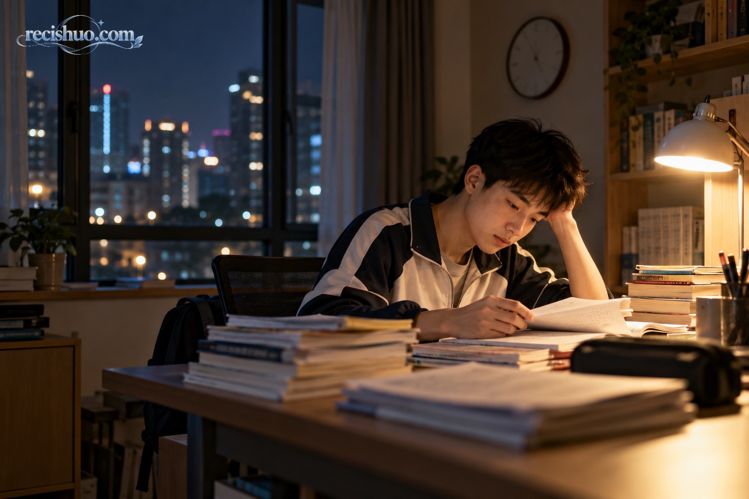 深夜书房里,一名中学生在台灯下疲惫地完成作业