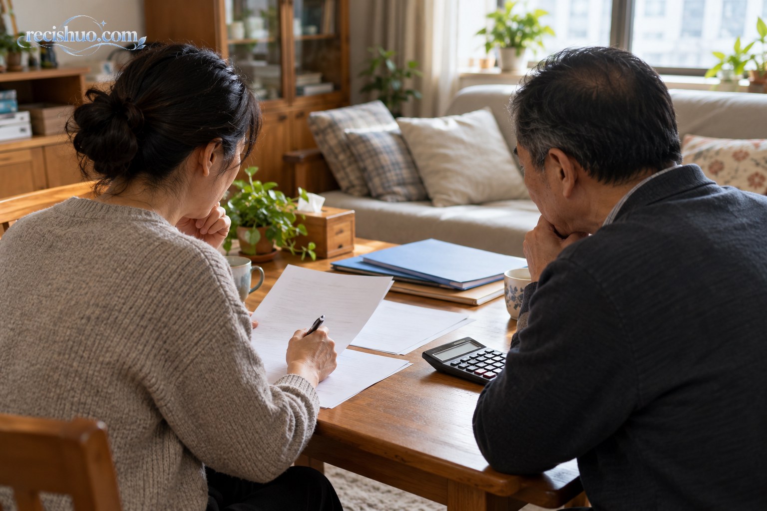 一对家人在客厅桌前共同整理文件并谨慎规划资金