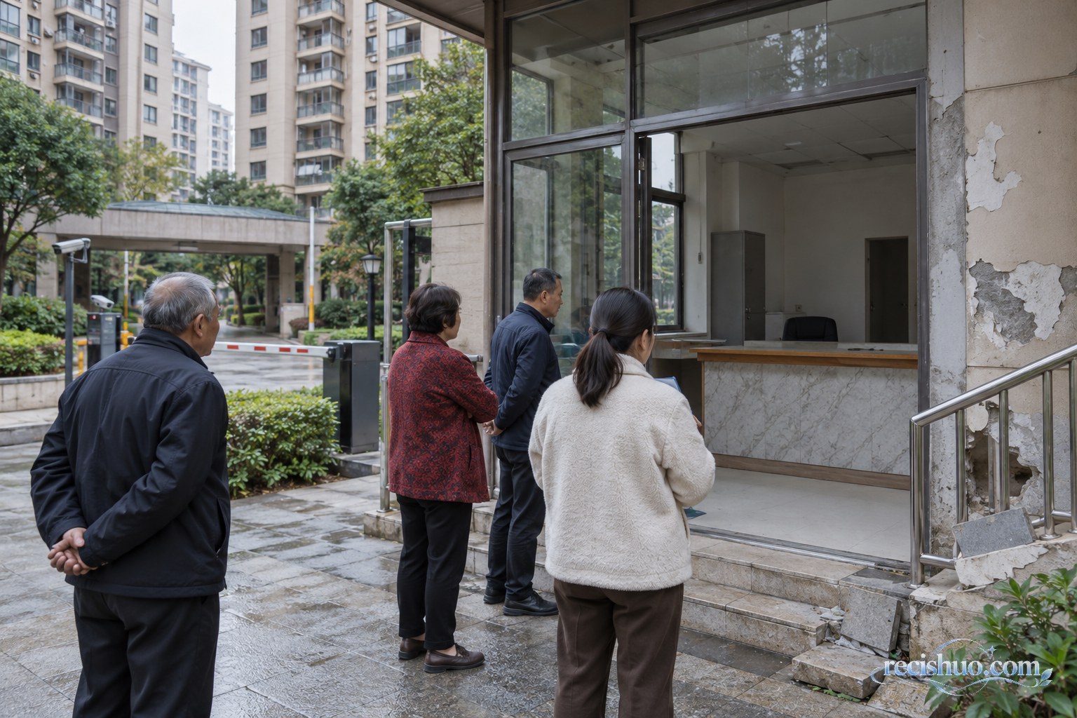 物业服务场所空置后，多位居民在住宅小区入口查看情况