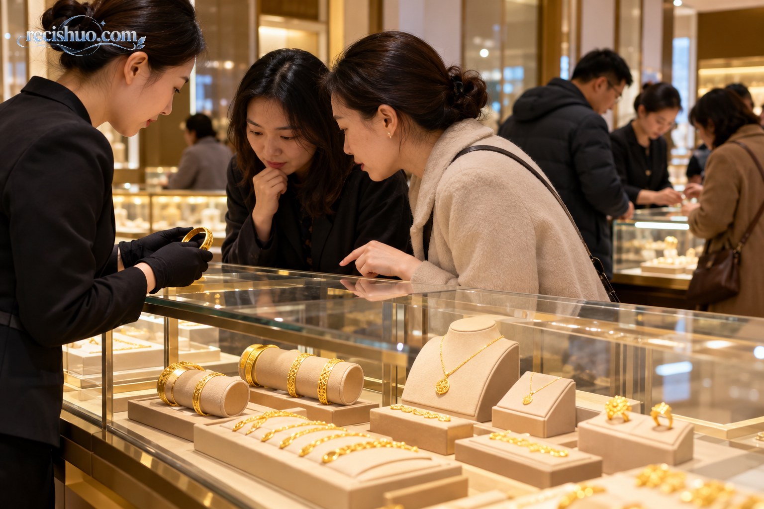 金价回落后顾客在珠宝店柜台挑选黄金首饰