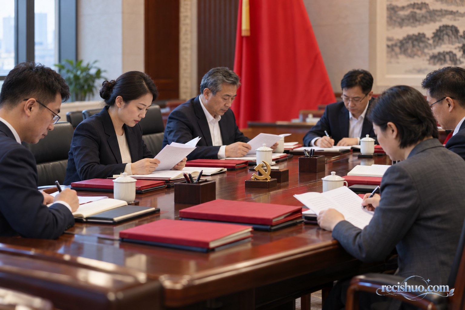 党员干部在庄重会议室内共同研读材料并认真记录