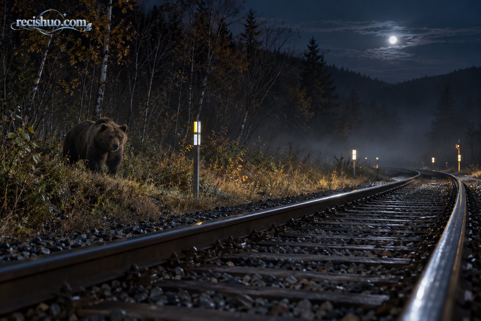 北海道深秋夜间的铁路沿线,一只棕熊出现在远处林缘