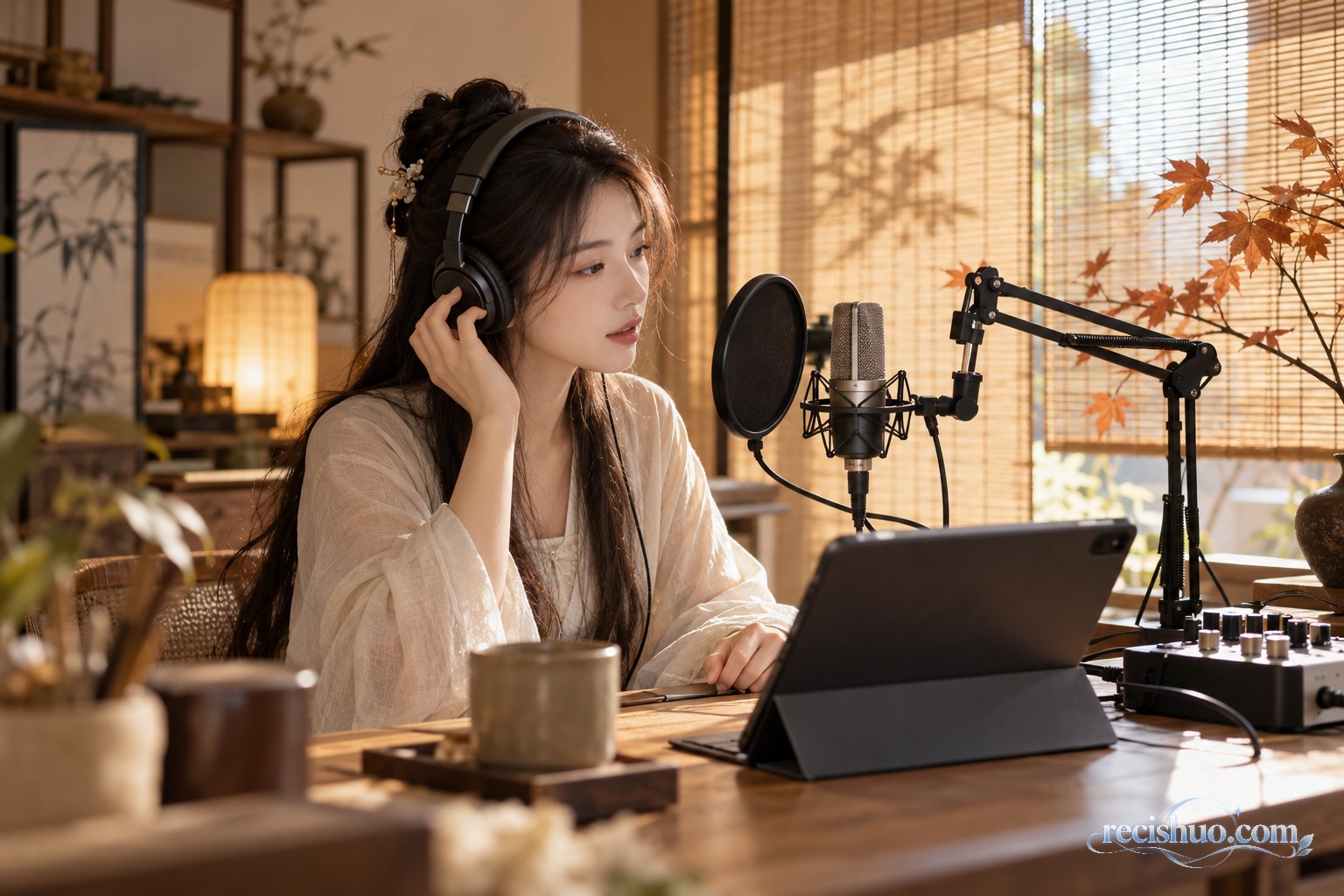 年轻女性在带有秋日氛围的居家录音角对着麦克风试音