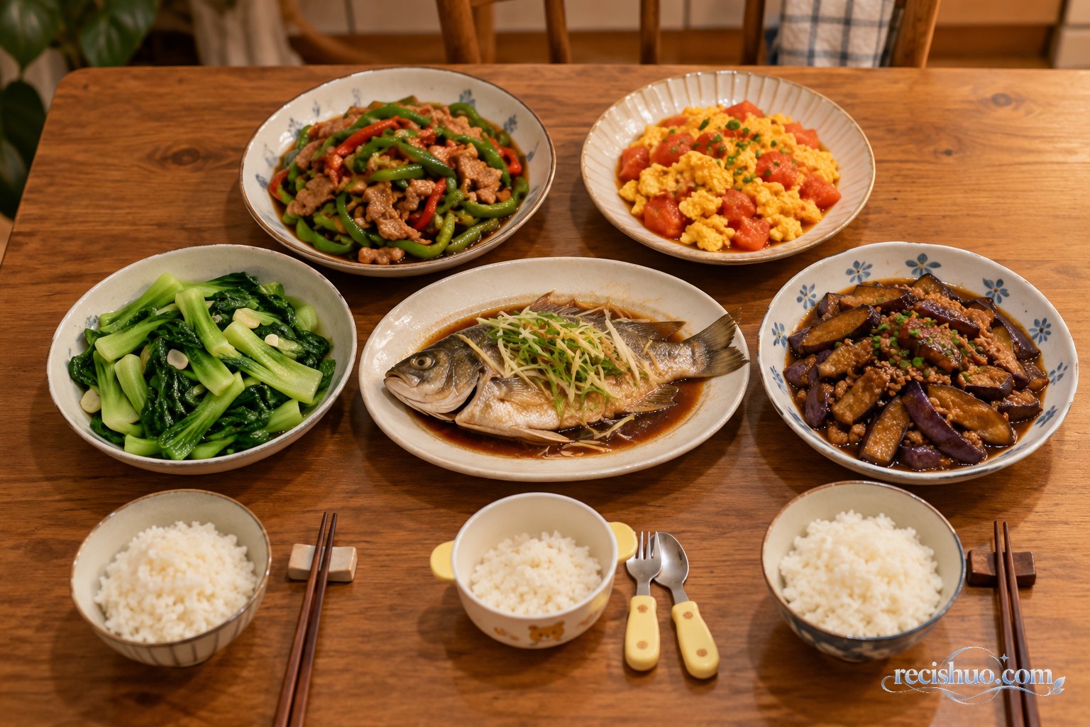 木质餐桌上摆着五道不同的家常菜和一家三口的餐具