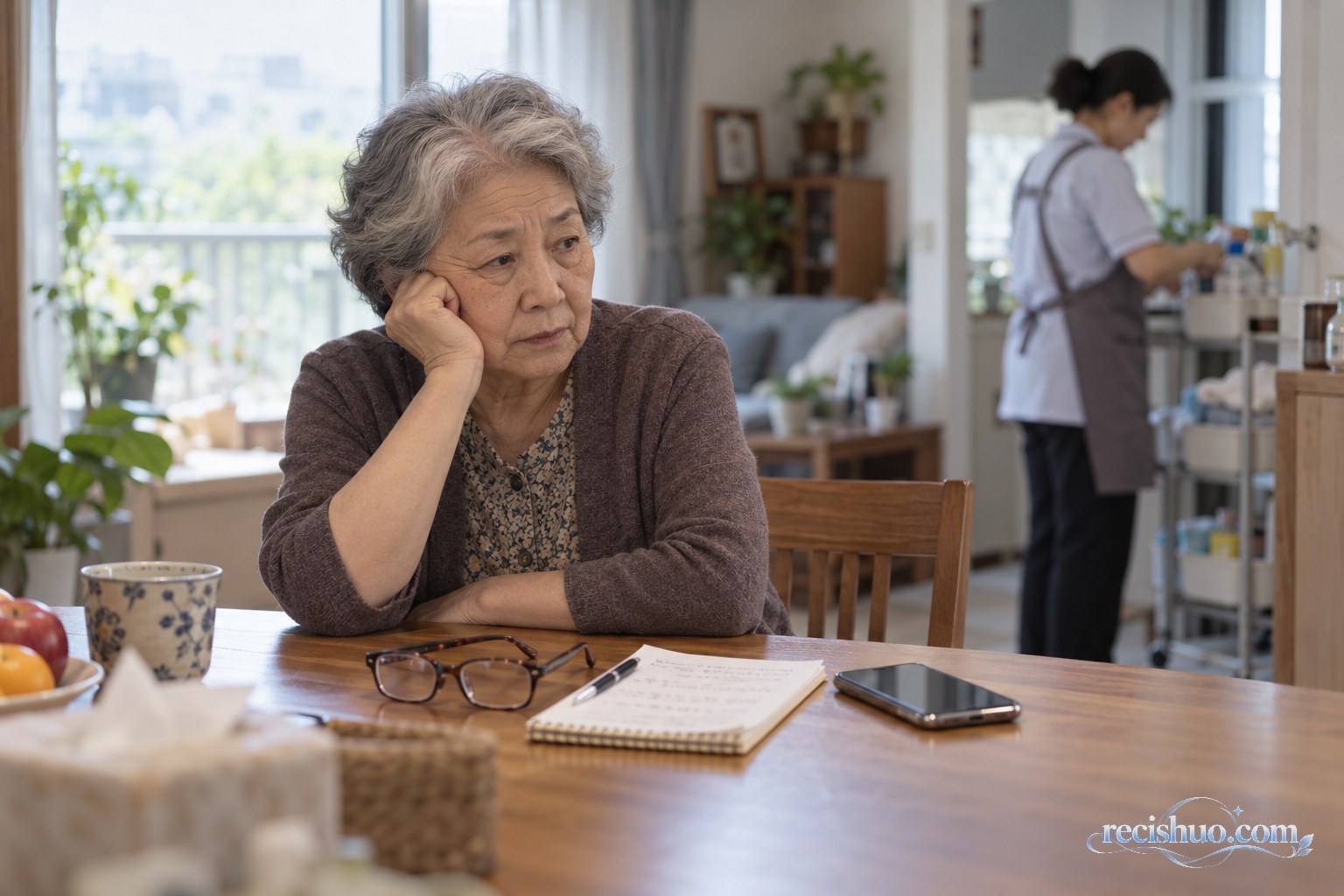 独居银发老人在家中餐桌旁沉思,远处住家照护人员正在整理生活用品